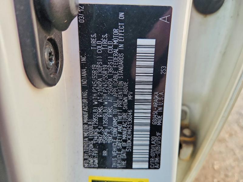 62020236 :رقم المزاد ، 5TDDK3EH4CS136046 vin ، 2012 Toyota Highlander مزاد بيع