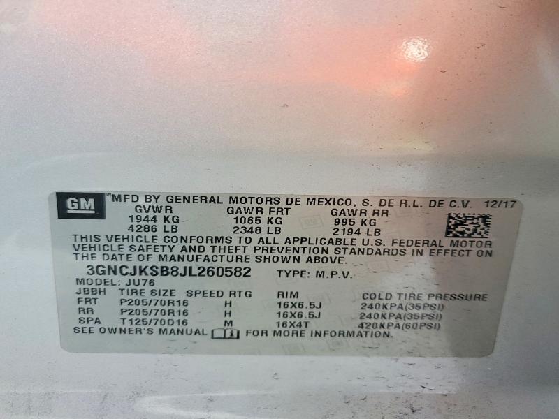 2018 Chevrolet Trax მანქანა იყიდება აუქციონზე, vin: 3GNCJKSB8JL260582, აუქციონის ნომერი: 62394796