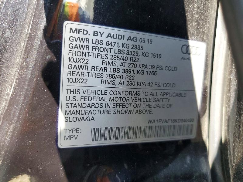 62498616 :رقم المزاد ، WA1FVAF18KD040480 vin ، 2019 Audi Q8 مزاد بيع