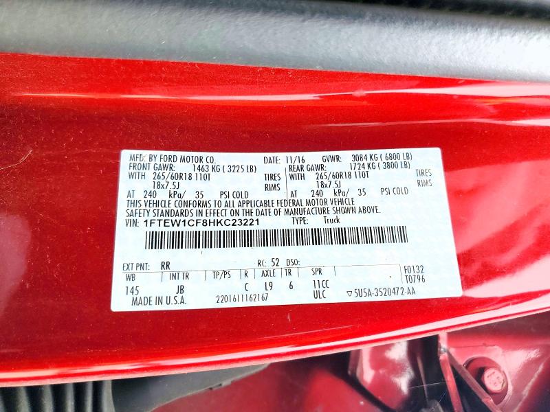 2017 Ford F150 მანქანა იყიდება აუქციონზე, vin: 1FTEW1CF8HKC23221, აუქციონის ნომერი: 60508296