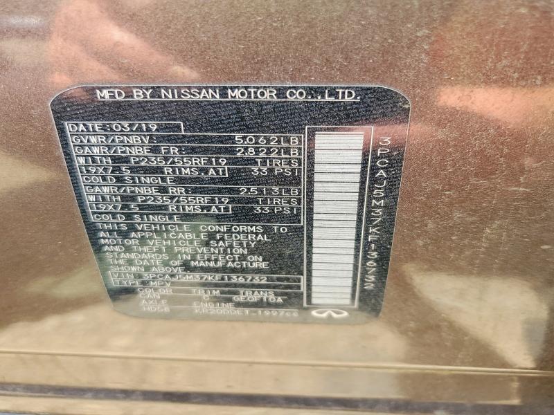 57416156 :رقم المزاد ، 3PCAJ5M37KF136732 vin ، 2019 Infiniti Qx50 مزاد بيع