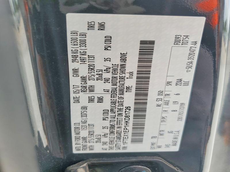2017 Ford F150 მანქანა იყიდება აუქციონზე, vin: 1FTEX1EP1HKD81726, აუქციონის ნომერი: 62660546