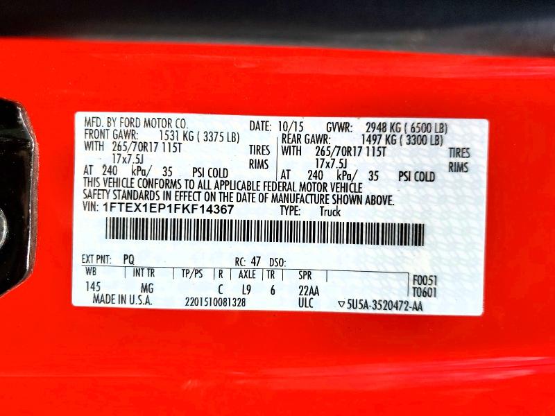 2015 Ford F150 მანქანა იყიდება აუქციონზე, vin: 1FTEX1EP1FKF14367, აუქციონის ნომერი: 58054666