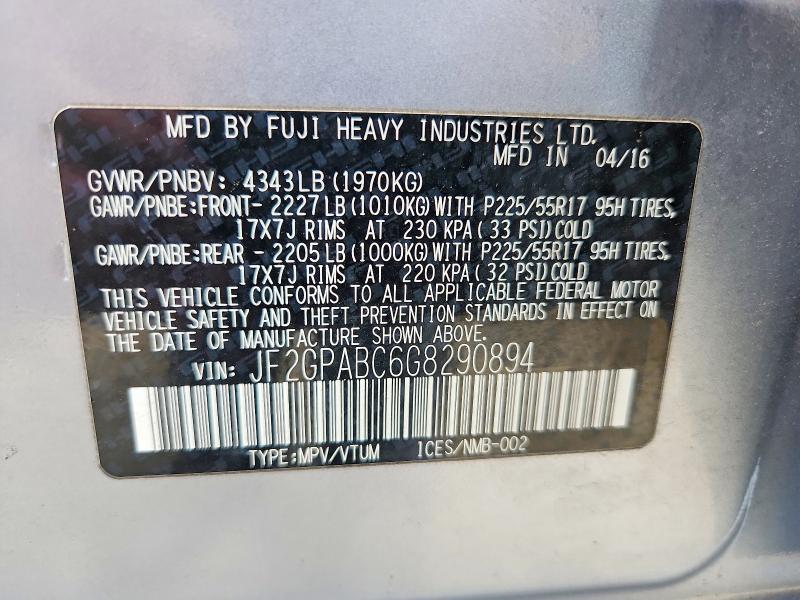 2016 Subaru Crosstrek მანქანა იყიდება აუქციონზე, vin: JF2GPABC6G8290894, აუქციონის ნომერი: 61030286