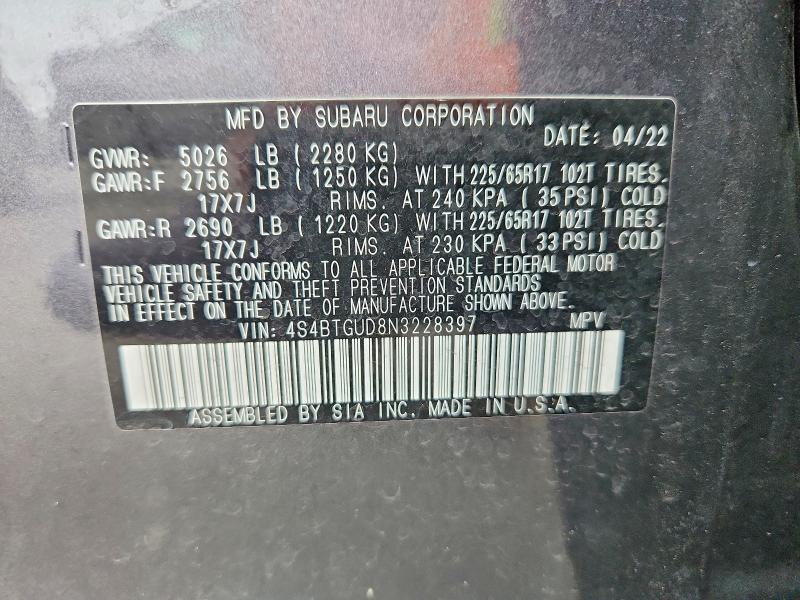 Продаж на аукціоні авто 2022 Subaru Outback, vin: 4S4BTGUD8N3228397, номер лоту: 62026436