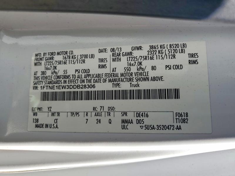 2013 Ford Econoline მანქანა იყიდება აუქციონზე, vin: 1FTNE1EW3DDB28306, აუქციონის ნომერი: 60612996