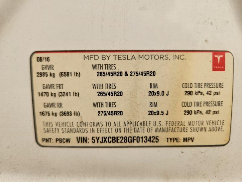 Продаж на аукціоні авто 2016 Tesla Model X, vin: 5YJXCBE28GF013425, номер лоту: 60223596