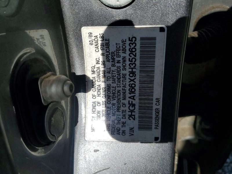 Продажа на аукционе авто 2009 Honda Civic, vin: 2HGFA166X9H352635, номер лота: 60852016