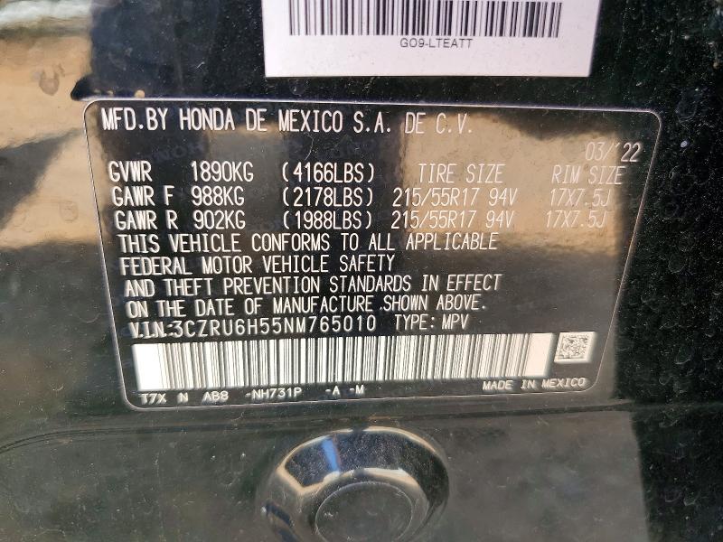 60817936 :رقم المزاد ، 3CZRU6H55NM765010 vin ، 2022 Honda Hr-v مزاد بيع