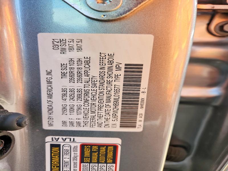 2021 Honda Cr-v მანქანა იყიდება აუქციონზე, vin: 5J6RW2H89ML016577, აუქციონის ნომერი: 58493226