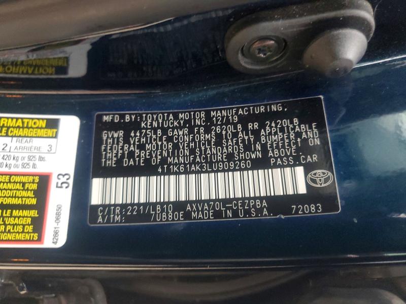 Auction sale of the 2020 Toyota Camry, vin: 4T1K61AK3LU909260, lot number: 60681896