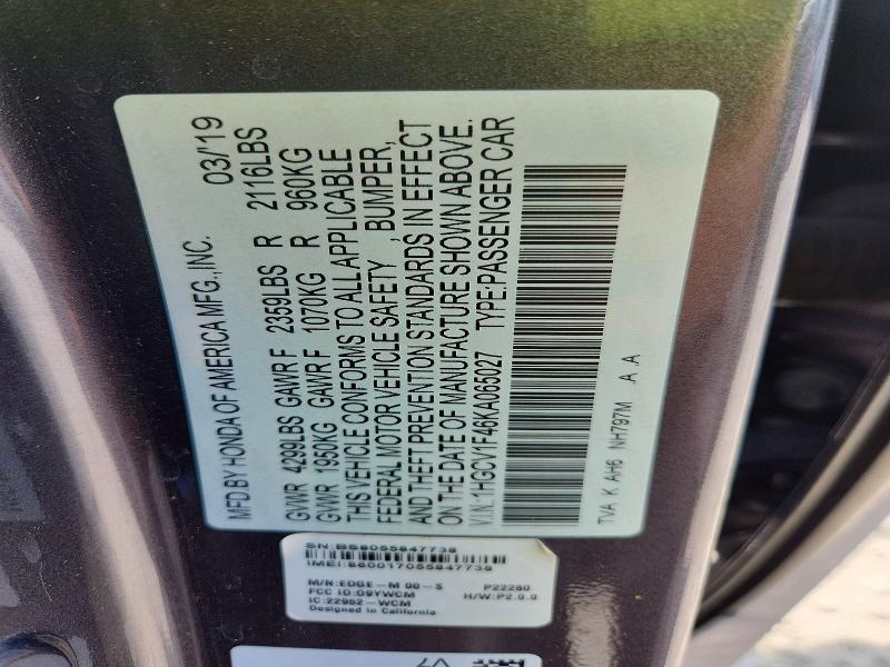 Aukcja sprzedaży 2019 Honda Accord, vin: 1HGCV1F46KA065027, numer aukcji: 85972235