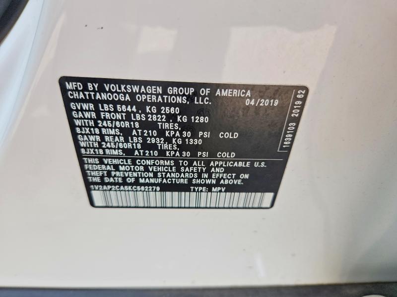 62126106 :رقم المزاد ، 1V2AP2CA5KC562279 vin ، 2019 Volkswagen Atlas مزاد بيع