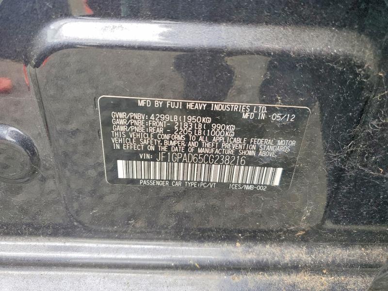 62849816 :رقم المزاد ، JF1GPAD65CG238216 vin ، 2012 Subaru Impreza مزاد بيع