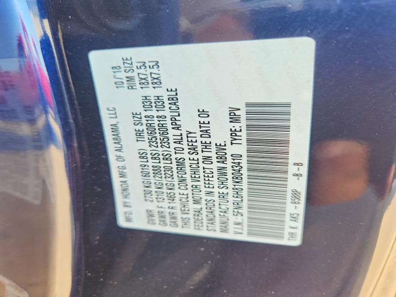 Aukcja sprzedaży 2019 Honda Odyssey, vin: 5FNRL6H81KB043410, numer aukcji: 62928716