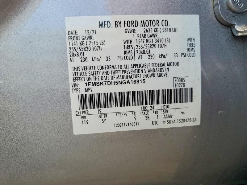 63165036 :رقم المزاد ، 1FMSK7DH5NGA16815 vin ، 2022 Ford Explorer مزاد بيع