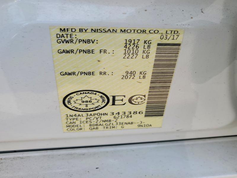 2017 Nissan Altima მანქანა იყიდება აუქციონზე, vin: 1N4AL3AP0HN343386, აუქციონის ნომერი: 61717536