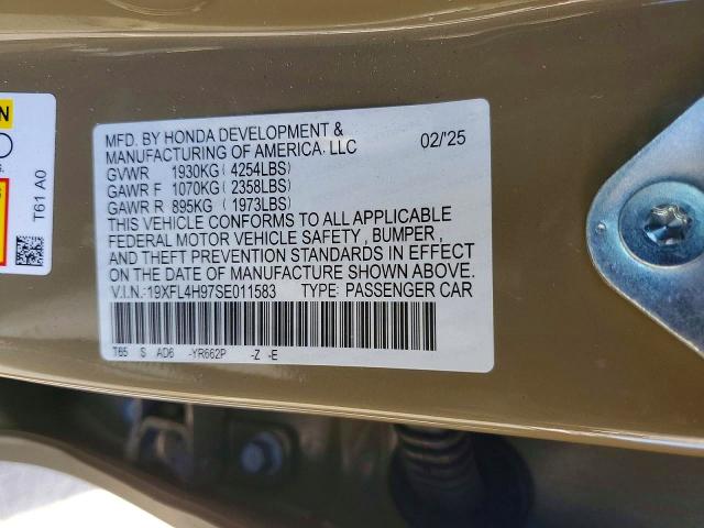 Aukcja sprzedaży 2025 Honda Civic, vin: 19XFL4H97SE011583, numer aukcji: 60866516