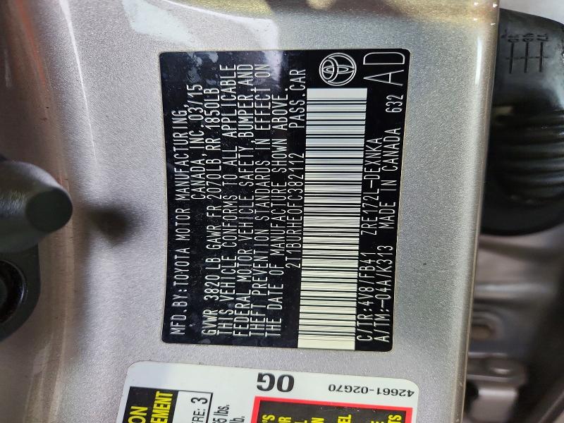 62035846 :رقم المزاد ، 2T1BURHE0FC382112 vin ، 2015 Toyota Corolla مزاد بيع