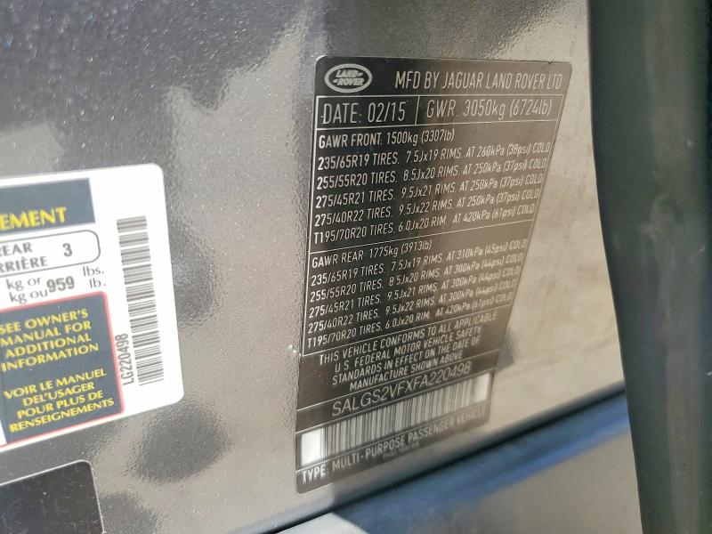 Auction sale of the 2015 Land Rover Range Rover, vin: SALGS2VFXFA220498, lot number: 60827356