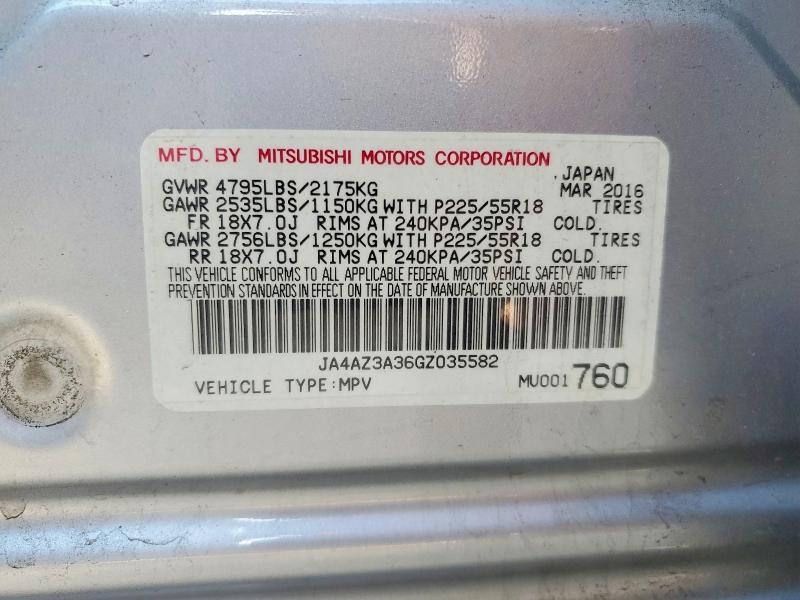 59782736 :رقم المزاد ، JA4AZ3A36GZ035582 vin ، 2016 Mitsubishi Outlander مزاد بيع