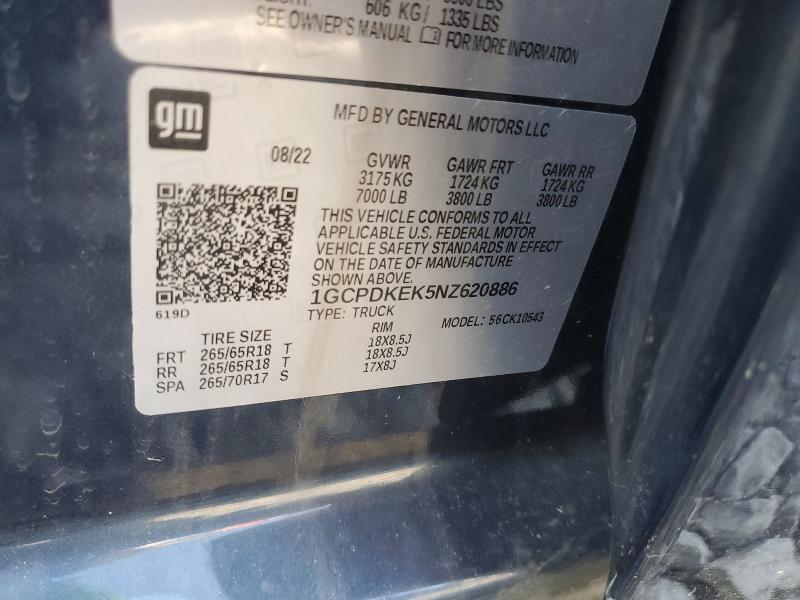 2022 Chevrolet Silverado მანქანა იყიდება აუქციონზე, vin: 1GCPDKEK5NZ620886, აუქციონის ნომერი: 59253956