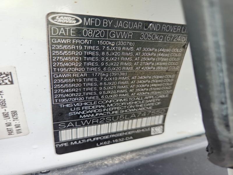 Aukcja sprzedaży 2020 Land Rover Range Rover Sport, vin: SALWR2SU5LA747550, numer aukcji: 61339496