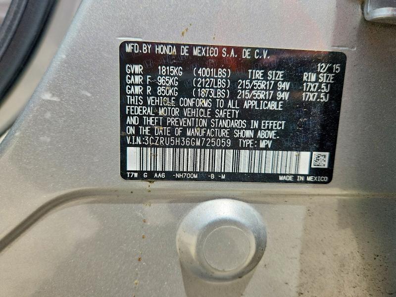 Aukcja sprzedaży 2016 Honda Hr-v, vin: 3CZRU5H36GM725059, numer aukcji: 59617386