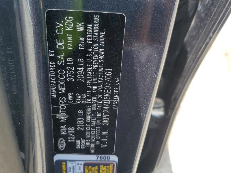 2019 Kia Forte მანქანა იყიდება აუქციონზე, vin: 3KPF24AD8KE077061, აუქციონის ნომერი: 59850216