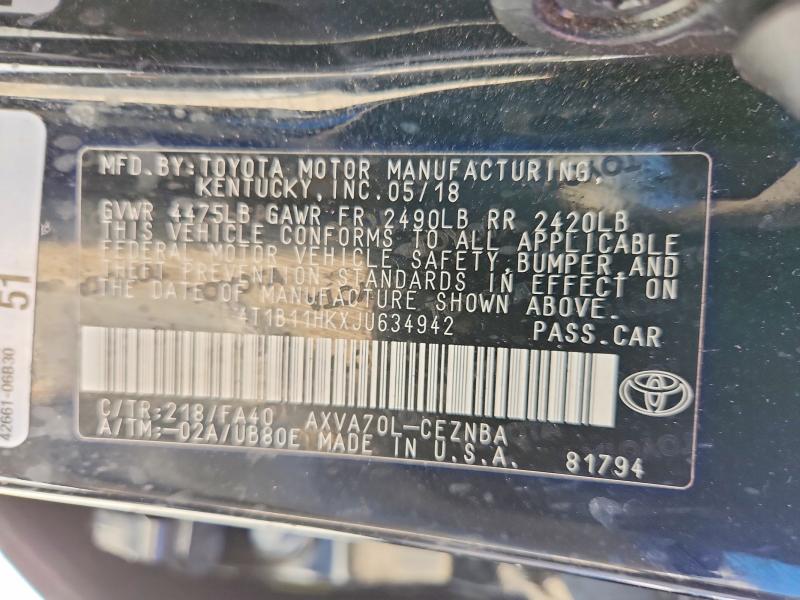 2018 Toyota Camry მანქანა იყიდება აუქციონზე, vin: 4T1B11HKXJU634942, აუქციონის ნომერი: 59380196