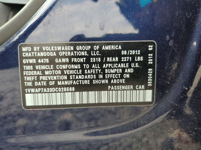2013 Volkswagen Passat მანქანა იყიდება აუქციონზე, vin: 1VWAP7A33DC028569, აუქციონის ნომერი: 59966526