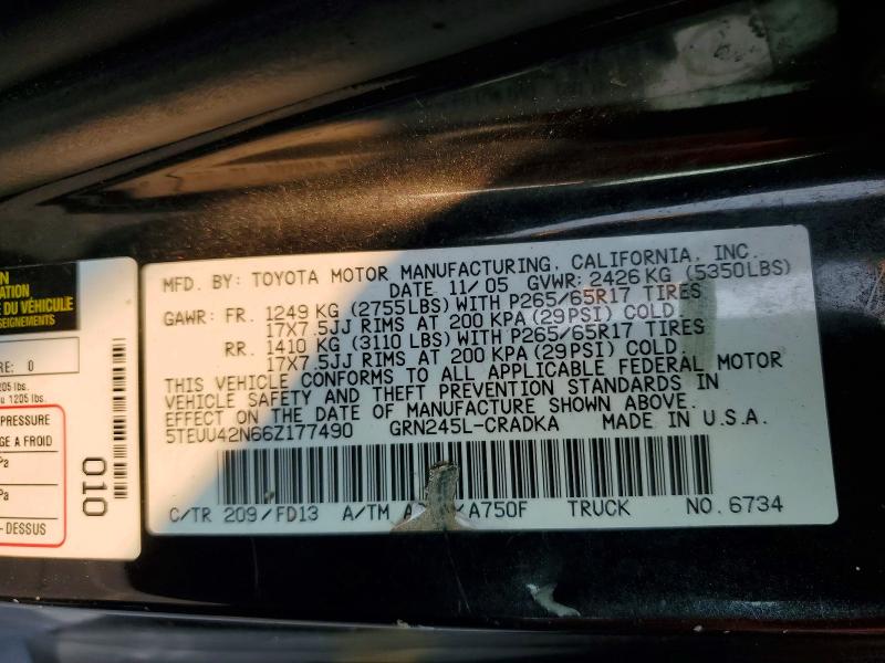 62969166 :رقم المزاد ، 5TEUU42N66Z177490 vin ، 2006 Toyota Tacoma مزاد بيع