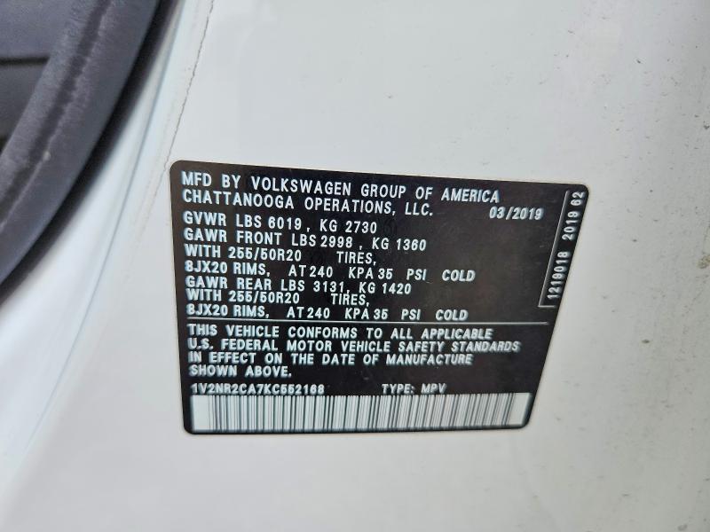 Aukcja sprzedaży 2019 Volkswagen Atlas, vin: 1V2NR2CA7KC552168, numer aukcji: 62650436