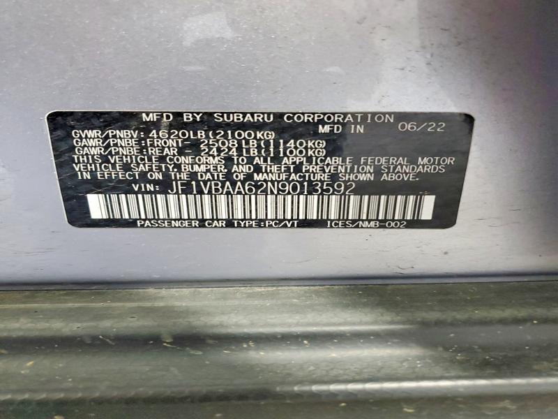Aukcja sprzedaży 2022 Subaru Wrx, vin: JF1VBAA62N9013592, numer aukcji: 59915996