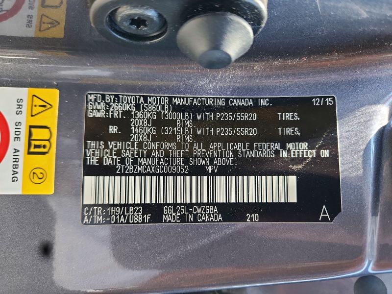 59976916 :رقم المزاد ، 2T2BZMCAXGC009052 vin ، 2016 Lexus Rx 350 مزاد بيع