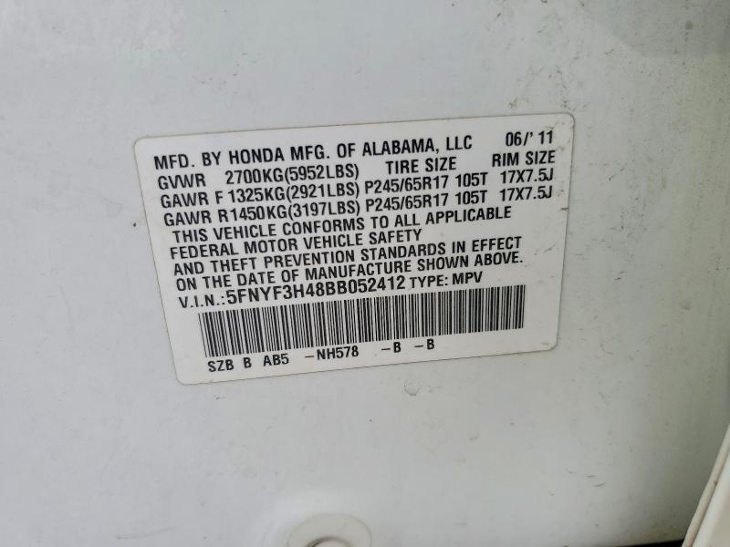 2011 Honda Pilot მანქანა იყიდება აუქციონზე, vin: 5FNYF3H48BB052412, აუქციონის ნომერი: 60108776