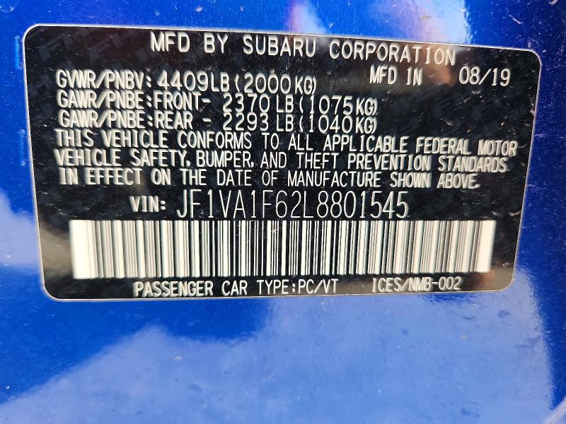 2020 Subaru Wrx მანქანა იყიდება აუქციონზე, vin: JF1VA1F62L8801545, აუქციონის ნომერი: 61674826
