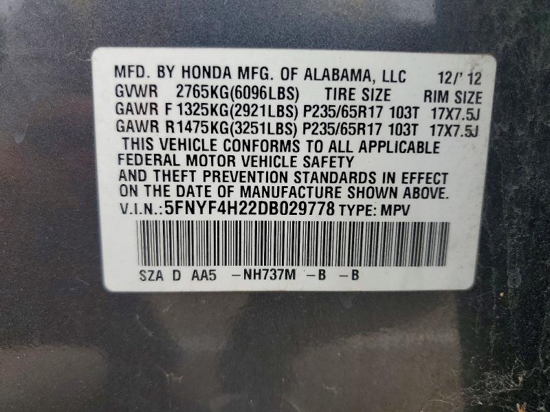 Продаж на аукціоні авто 2013 Honda Pilot, vin: 5FNYF4H22DB029778, номер лоту: 62846936