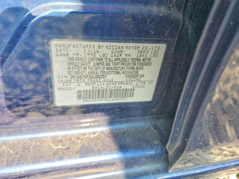 2016 Nissan Sentra მანქანა იყიდება აუქციონზე, vin: 3N1AB7AP3GL652257, აუქციონის ნომერი: 60466376