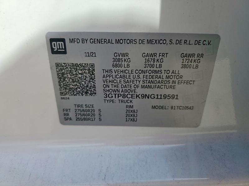 62051446 :رقم المزاد ، 3GTP8CEK9NG119591 vin ، 2022 Gmc Sierra Limited مزاد بيع