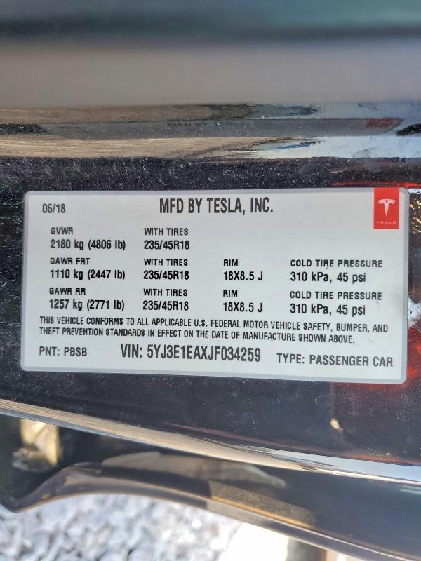 Aukcja sprzedaży 2018 Tesla Model 3, vin: 5YJ3E1EAXJF034259, numer aukcji: 62476866