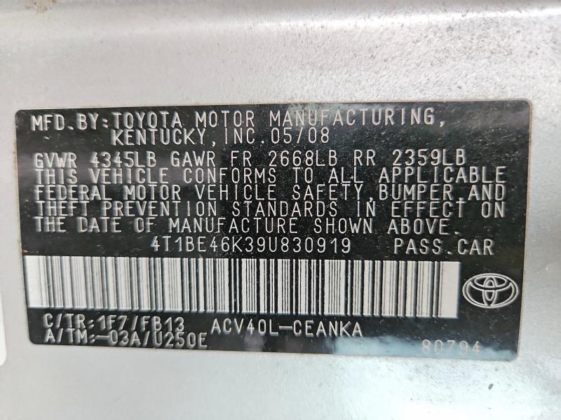 Aukcja sprzedaży 2009 Toyota Camry, vin: 4T1BE46K39U830919, numer aukcji: 60885626