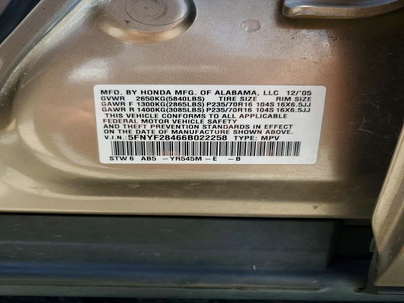 Продаж на аукціоні авто 2006 Honda Pilot, vin: 5FNYF28466B022258, номер лоту: 61495386