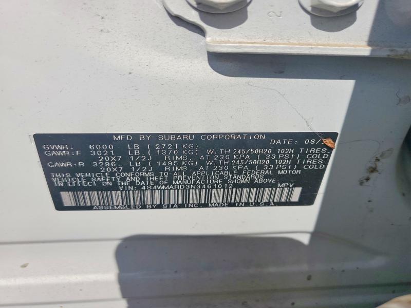60463486 :رقم المزاد ، 4S4WMARD3N3461012 vin ، 2022 Subaru Ascent مزاد بيع