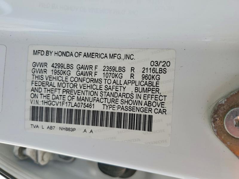 60234946 :رقم المزاد ، 1HGCV1F17LA075461 vin ، 2020 Honda Accord مزاد بيع