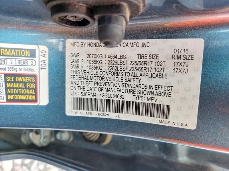 2016 Honda Cr-v მანქანა იყიდება აუქციონზე, vin: 5J6RM4H42GL034082, აუქციონის ნომერი: 60631656