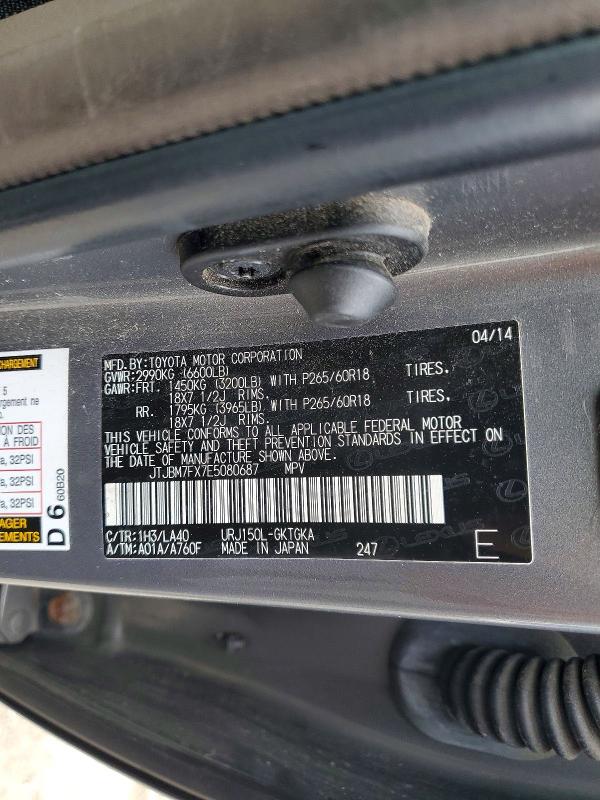 Aukcja sprzedaży 2014 Lexus Gx, vin: JTJBM7FX7E5080687, numer aukcji: 60291506