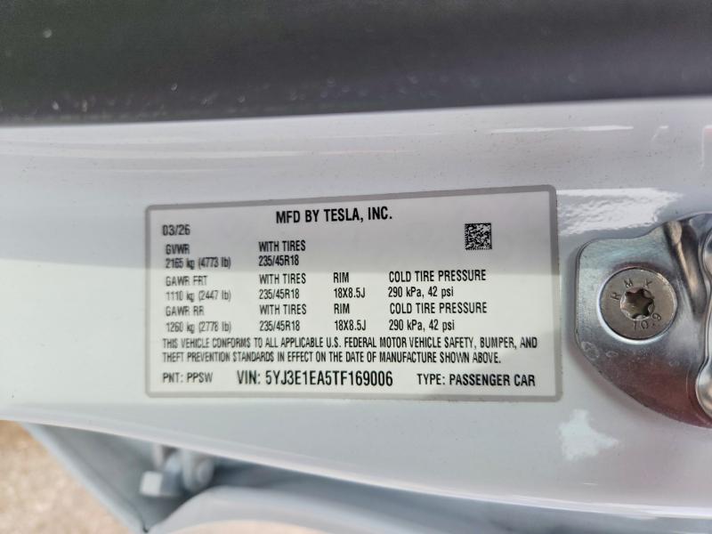 62987116 :رقم المزاد ، 5YJ3E1EA5TF169006 vin ، 2026 Tesla Model 3 مزاد بيع