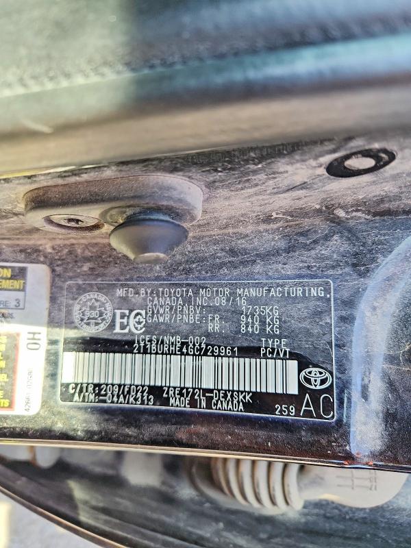 2016 Toyota Corolla მანქანა იყიდება აუქციონზე, vin: 2T1BURHE4GC729961, აუქციონის ნომერი: 61408216