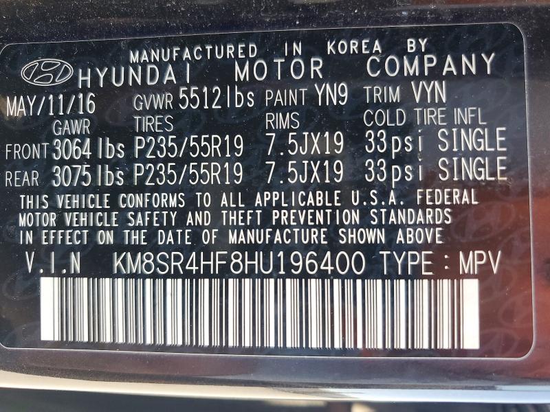 Продажа на аукционе авто 2017 Hyundai Santa Fe, vin: KM8SR4HF8HU196400, номер лота: 62528596